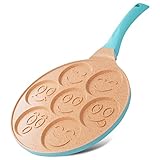 Joeji's Kitchen Pancake Crepe Pfanne mit 7 Mulden mit Smiley-Gesichtern - 26,5 cm Antihaft Leichte Aluminiumguss - Induktion - Spaß für Kinder - Mehrzweck Palatschinken Pfanne Spiegelei - Blau