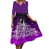 riou Strandkleid Damen Schwarz Damen Casual Fashion/Winter V-Ausschnitt Weihnachtsdruck Schnürkleid (Purple, M)