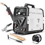 STAHLWERK Schweißgerät Mini FLUX 120 ST Digital – Fülldrahtschweißen (FLUX) ohne Schutzgas bis 120 A, kompakt mit synergischem Drahtvorschub und LED-Licht, Lift-TIG- und MMA-Funktion (E-Hand/ARC)