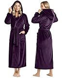 NY Threads Langer Damen-Bademantel aus Fleece mit Kapuze, Pflaume, Small