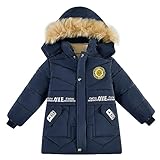linboo Winterjacke Jungen Kinder Wintermantel mit Abnehmbarer Kapuze Gefütterte Jacke Verdickte Kinderjacke Winddichte Warme Steppjacke, Blau, 134-140