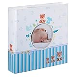 Hama Babyalbum Tim, Einsteckalbum für 200 Fotos im Format 10x15, Kinderalbum mit Beschriftungsfeld für Notizen und Selbstgestaltung, Ausschnitt, Baby Fotoalbum für Jungen, 22,5x22,5cm, blau