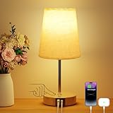 Suright Nachttischlampe Touch Dimmbar, Tischlampe mit USB A+C Ladeanschlüssen, Leinen-Lampenschirm, Holzsockel, Kleine Lampe für Schlafzimmer Wohnzimmer (LED-Birne Inklusive)