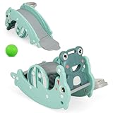 HOMASIS 3 in 1 Kinderrutsche Indoor & Outdoor, Kinder Rutsche mit Schaukelpferd & Basketballkorb, Spielplatz mit Basketball, Gartenrutsche Tragkraft 25 kg, Babyrutsche für Kinder ab 1-3 Jahr (Grün)