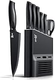 Messerset mit Messerblock Set, 7-TLG Kochmesser Set mit Messer, Schere, Messerblock zum Hacken von Fleisch/Gemüse/Obst, das Scheiben, Würfeln Schneiden, Schwarz