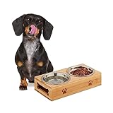 Relaxdays Futterstation Hund, erhöhte Hundebar, 2 Fressnäpfe, je 300 ml, Bambus & Edelstahl, Doppel Napfständer, Natur