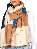 BRUBAKER Cashmirillo Damen Schal mit Herz Muster - 70 x 200 cm - Warm, Kuschelig & Oversized - Damenschal für Herbst & Winter - Winterschal - Weiches Kaschmir-Gefühl - Blau, Braun & Beige