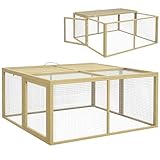 PawHut Kaninchenstall für Zwergkaninchen aus Holz, Klappbar Kleintierstall mit Freilaufgehege, Zwergkaninchenstall mit aufklappbarem Dach Griff für Meerschweinchen, Natur, 110 x 105 x 50 cm