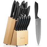 D.Perlla Messerblock, 15-teiliges Messerblock Set mit Holzblock, Schwarz Küchenmesser set mit Holzblock, Messerset mit Antihaftbeschichtung, Deutsches Edelstahl Küchenmesserset mit Kochmesser