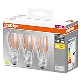 Osram LED BASE Classic A100, klare Filament LED-Lampen aus Glas für E27 Sockel, Birnenform, Warmweiß (2700K), 1521 Lumen, Ersatz für herkömmliche 100W-Glühbirnen, 3er-Box