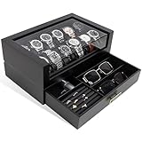 KAMIER Uhrenbox Herren mit 12 Fächern, Echtholz Uhrenkoffer 2 Ebenen, Luxuriösem Watch Box Uhren Uhrenkasten mit Glasdeckel, Multifunktionale mit Herausnehmbaren Uhrenkissen und Schublade