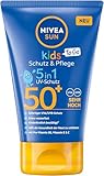 NIVEA SUN Kids Schutz & Pflege To Go LSF 50+ Sonnencreme, hoher Sonnenschutz mit Vitamin C & E, schweiß- & extra wasserfeste Sonnenlotion für empfindliche Kinderhaut (50 ml)