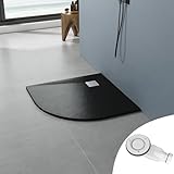 AQUABATOS SMC Duschwanne 90x90 cm 32 mm Schwarz Rund Halbrund Viertelkreis Duschtasse Rutschfest für Runddusche Duschkabine Dusche Steinoptik Schieferoptik Superflach mit Siphon/Ablaufgarnitur
