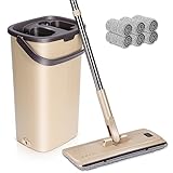 MASTERTOP Wischmopp Set mit Eimer, 132cm Flachmopp mit Edelstahlgriff und 6 Mikrofaser Moppkopf, Hand-Frei Bodenwischer mit Auswringfunktion für Hartholz Laminat Fliesen(Beige)