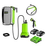 Greenworks 24V Akku-Tauchdruck/Regenfasspumpe (max. 1800 L/h, 8 in 1-Düse, flexible Batteriebox, mit zwei 2Ah-Akkus und Doppelsteckplatz-Ladegerät)