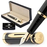 Wordsworth & Black Füllfederhalter-set, 18k Vergoldete Extra Feine Spitze, Inklusive 24 Stück Tintenpatronen, Tintennachfüllkonverter, Geschenkbox, Gold-finish, Kalligraphie [Schwarz Gold]