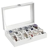SONGMICS Uhrenbox mit 12 Fächern, Uhrenkasten, Glasdeckel, Uhrenkoffer mit herausnehmbaren Uhrenkissen, Premium-Uhrenschatulle, PU-Bezug in Weiß, Samtfutter in Weiß JWB202