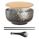 Focenat Ramen Schüssel Keramik Set mit Löffel Essstäbchen, 1500ML Großer Suppenschüssel, Salatschüssel aus Keramik, Porzellan Salatschale Oder Suppenschale, Servierschüssel, Kokosnuss Schalen (Weiß)