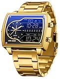 findtime Herrenuhr Rechteckig Retro Luxuriöse Armbanduhr Herren Digital Analog Quarz Klassische Business Leger DREI Zeitzone Wasserdicht Beleuchted Große Zifferblatt für Männer Gold Schwarz