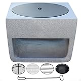 Terrassen-Feuerstelle, Beton-Feuertisch, quadratische Holzkohle- und Holzfeuerstelle, mit Grillgitter, Kohlegitter, Kohlebecken, Netzabdeckung, Tischdeckel, Feuergabel, für Lagerfeuer im Freien