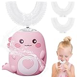 Kinderzahnbürste Elektrisch, 360° Automatische Ultraschall Elektrozahnbürste, Ultraschall Zahnbürstemit 3 U-förmigen Silikonbürstenköpfen,mit LED, Dino Zahnbürste Elektrisch für Alter 2~6 Jahre (Rosa)