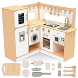Mamabrum XXL Eck-Holzküche für Kinder – Interaktive Spielküche mit Kühlschrank, Backofen, Waschmaschine und Zubehör – Realistische Geräusche und LED-Beleuchtung