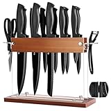 Gourmetop Küchenmesser-Set mit Block 15-teilig, Küchenmesser-Block-Set mit Holz-Acryl-Ständer, scharfes Messer-Set mit Schärfer, Schere und Schäler, schwarzes Kochmesser-Set für die Küche