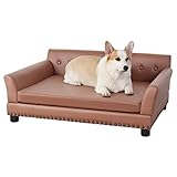 BingoPaw Hundesofa XXL für Große Hunde: Luxus Hundecouch aus atmungsaktivem wasserdichtem Leder - Mordern Haustiersofa mit Rückenlehne orthopädisches Hundekissen und Holzbeinen - Braun 102x72x40cm