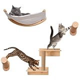 Katzen kletterwand Set, 5-teilig Katzenmöbel aus Massivholz mit Katzen-Wandstufen Katzenliege Kratzbaum, Moderne Holzfarbe Innenmöbel für Katze Schlafen Spielen Lounging