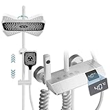 MENAYODA Duschsystem mit Thermostat 4-Funktions-Klaviertasten Messing Mischbatterie Duschset mit Kopfbrause 3 Modus Handbrause Bidetbrause Badewannenarmatur Verstellbar Duschsäule