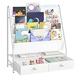 MAHANCRIS Kinder Bücherregal, 4-stöckiges Kinderregal, 28 x 70 x 76 cm, Kinderzimmer Möbel, Spielzeugregal mit 2 Schubladen, Bücherregal Kinderzimmer, für Kinderzimmer, Weiß ABKBW7401