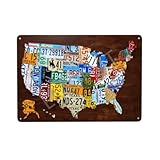 EMOHAT Nummernschild Karte der Vereinigten Staaten USA Metallschild Home Wohnzimmer Veranda Dekor Geschenke Wanddekoration Blechschild Schuppen Büro Handwerk Zimmer Wohnzimmer 30,5 x 20,3 cm