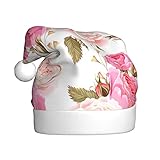 Weihnachtsmütze mit Blumen-Rose, rosa Druck, Weihnachtsmannmütze, Urlaub für Erwachsene, Unisex, Weihnachtsmütze für Neujahr, festliche Party, Weihnachtszubehör