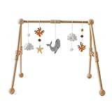 Promise Babe Spielbogen Baby Holz für Babies, Baby Spielbogen mit Abnehmbaren Meerestiere Spielzeuge zum Greifen,Wickeltisch Babybett Laufstall Spielbogen mit Plüsch Korallen Wale Delfine Muscheln