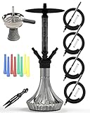 NOBLE HOOKAH Shisha Set 4 Anschlüsse Medium Shisha aus Aluminium und Lederrohr, Shisha 4 Schläuche und Griffe mit Shisha Kopf, Glasschale, schwarz