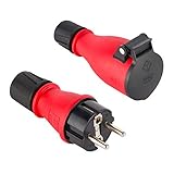 Electraline 92383 Packung mit 1 Gummi-Stecker + 1 Schuko-Steckdose IP54, mit automatischer Federabdeckung für den Freihandbetrieb, Rot/Schwarz