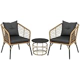 Outsunny Rattan Gartenmöbel-Set, 3-TLG. Sitzgruppe, inkl. Couchtisch und 2 Stühle, Bistro-Set mit Kissen, Balkonmöbel für Terrasse, Balkon, Stahl, Sand+Dunkelgrau