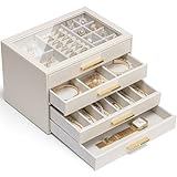 Vlando Schmuckkästchen Groß, Schmuckkasten mit 4 Ebenen, Schmuck Organizer mit Glasdeckel, 4 Schubladen,für Halsketten, Ohrringe, Uhren, Armbänder, Schmuckaufbewahrung, Modern, Cinderella Plus, Beige