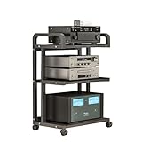 Mobiler 3-stöckiger AV-Media-Ständer mit Rädern – vielseitiges Stereo-Regal und Spielkonsolen-Aufbewahrung für Wohnzimmer, Büro oder Aufnahmestudio (schwarz)