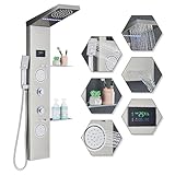 HARNART Duschpaneel Paneel mit Armatur 4 Wasserausgabemodi Gebürstet LED Duschpaneel mit ℃ Temperaturanzeige,Nebeldusche Massagedusche Wanneneinlauf Handbrause Toilettenartikel Produktregal