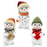 Dekohelden24 Schneekinder - Schneemänner als 3er Set mit Mütze und Schal in rot, grün und orange, stehend mit Stern, Schneeflocke und Herz, L/B/H 6 x 5 x 11 cm