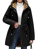 CMTOP Winterjacke Damen Wasserdicht Warme Kordelzug Parka Fleece Gefüttert Wintermantel mit Kapuze Lässiger Dicke Kapuzenjacke Winddicht Zip Outdoorjacke mit Taschen(Schwarz, M)