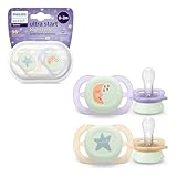 Philips AVENT Ultra Start Schnuller für die Nacht, kiefergerecht geformter Schnuller für Neugeborene, leuchtet im Dunkeln, BPA-frei, mit Sterilisationsbehälter, Doppelpack, Mond,Stern, SCF075/07