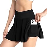 AUYAO Damen Plissiert Tennisrock mit Hose Tennis Rock Skort Mädchen mit Hoher Taille Tennisröcke Schwarzer Activewear Minirock mit Taschen Sommer Outdoor Sportrock Skirt für Sport Tennis Golf Laufen S