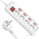 deleyCON 4 Fach Steckdosenleiste Einzeln Schaltbar 1,4m Kabel (4X EIN/Aus Schalter und 1x Hauptschalter) Strom Stromleiste Mehrfachsteckdose mit erhöhtem Berührungsschutz - Weiß