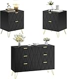 UEV Schlafzimmer Komplett-Set in schwarz, 3er-Set Schlafzimmermöbel, Kommode mit 6 Schubladen und 2er-Set Nachttisch, Goldene Griffe und Füße, Linienmuster, Skandinavisch für Wohnzimmer, Schlafzimmer