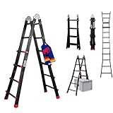 PROREGAL Sprossen-Mehrzweckleiter APOLLO 3-in-1 Aluminiumleiter 4x4 Sprossen bis zu 4m Höhe Traglast 150kg Schwarz Treppenleiter Multifunktionsleiter Klappleiter Teleskopleiter Stehleiter Anlegeleiter