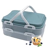 Kuchen Transportbox mit 2 Etagen und Hebeeinsatz wiederverwendbar - 40 x 30 cm - Mehrweg Partycontainer für Backwaren mit Deckel und Tragegriff klappbar - Lebensmittel Aufbewahrungsbox Snack Behälter