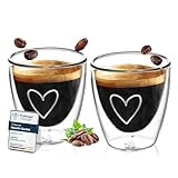ElbFuchs® Espressotassen Set HERZ [2x 80ml] Doppelwandige Espresso Gläser Set | Thermogläser doppelwandig | Ausgefallene Espressotassen Glas ohne Henkel für alle Espressomaschinen
