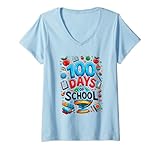 Damen Lernkugel für Schüler und Kinder, 100 Tage T-Shirt mit V-Ausschnitt